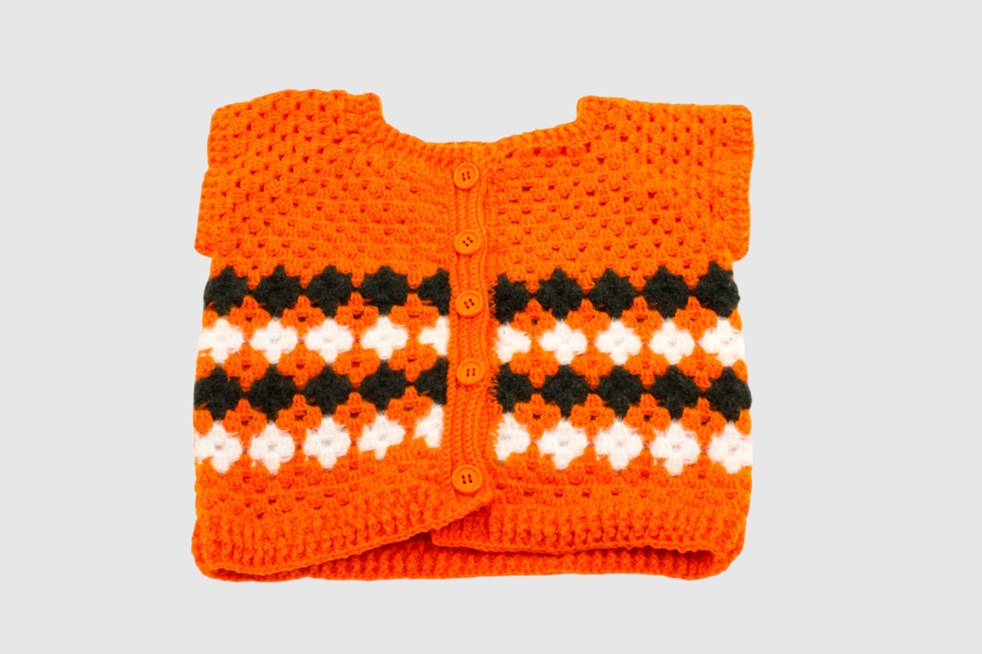 Handmade Baby Cardigan Sweater, Orange with Black and White Pattern, Button Front, 6-12 Months