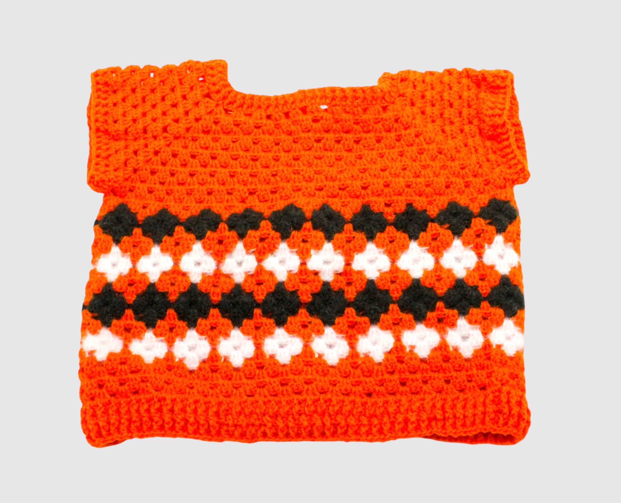 Handmade Baby Cardigan Sweater, Orange with Black and White Pattern, Button Front, 6-12 Months