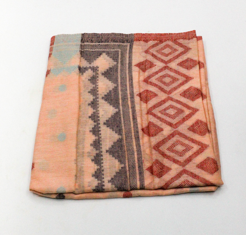 Eelika Women's Cotton Stole with Geometric Pattern, Peach and Grey Eelika Women's Cotton Stole with Geometric Pattern, Peach and Grey