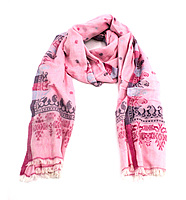 Women's Cotton Stole with Traditional Print Pattern, Pink and Grey, Fringed Design Women's Cotton Stole with Traditional Print Pattern, Pink and Grey, Fringed Design