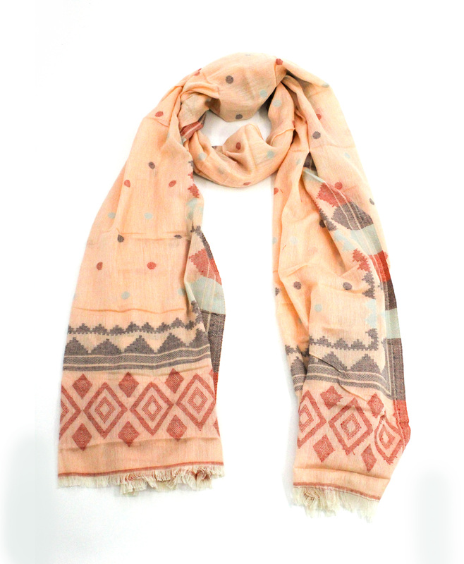 Eelika Women's Cotton Stole with Geometric Print, Peach with Red and Grey Pattern, Traditional Design Eelika Women's Cotton Stole with Geometric Print, Peach with Red and Grey Pattern, Traditional Design