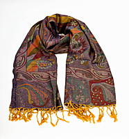 Silk & Pashmina Stole for Women, Paisley Pattern, Purple Multi-colour with Yellow Tassels Silk & Pashmina Stole for Women, Paisley Pattern, Purple Multi-colour with Yellow Tassels