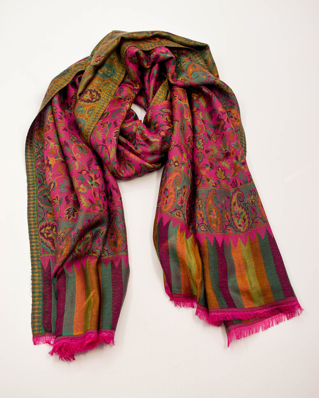 Elegant Pashmina Silk Stole, Multicolour Floral Pattern, Pink and Green Paisley Design Elegant Pashmina Silk Stole, Multicolour Floral Pattern, Pink and Green Paisley Design