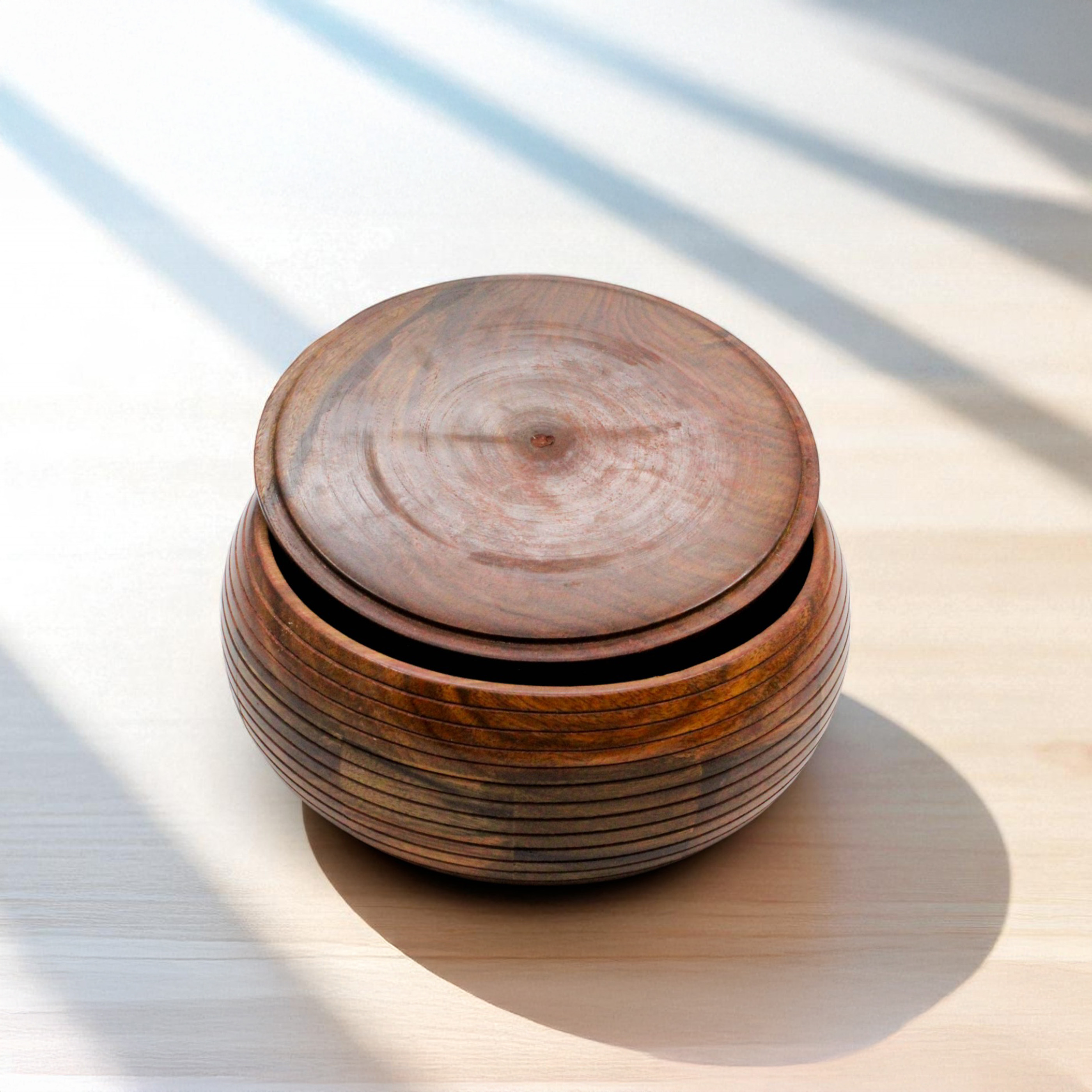 Wooden Roti Chapati Box with Lid, Round Storage Container, Brown, 23 x 23 x 11 cm