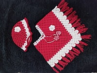 Handknitted Red and white woolen poncho and cap for kids between 3 and 4 years Handknitted Red and white woolen poncho and cap for kids between 3 and 4 years