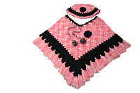 Handmade Woollen Crochet Poncho for Kids, 5-6 Years, Pink and Black Handmade Woollen Crochet Poncho for Kids, 5-6 Years, Pink and Black