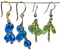 Set of 2 earrings with beautiful beads and green and blue colored heart shaped translucent charms || drop and dangle design || for office , parties and home Set of 2 earrings with beautiful beads and green and blue colored heart shaped translucent charms || drop and dangle design || for office , parties and home