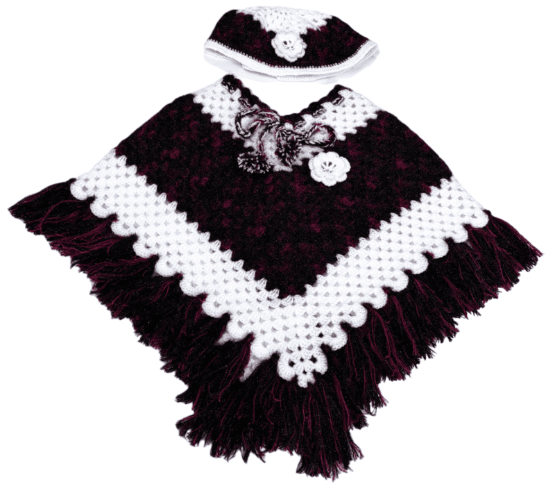 Handknitted black and white woolen poncho with cap for kids between 5 and 6 years || winterwear || beautiful design and excellent finish and amazing crotchet work.02
