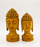 Decorative Buddha Head Statues, Hand-Carved Wood, Set of 2, 15.5 cm and 13 cm Decorative Buddha Head Statues, Hand-Carved Wood, Set of 2, 15.5 cm and 13 cm