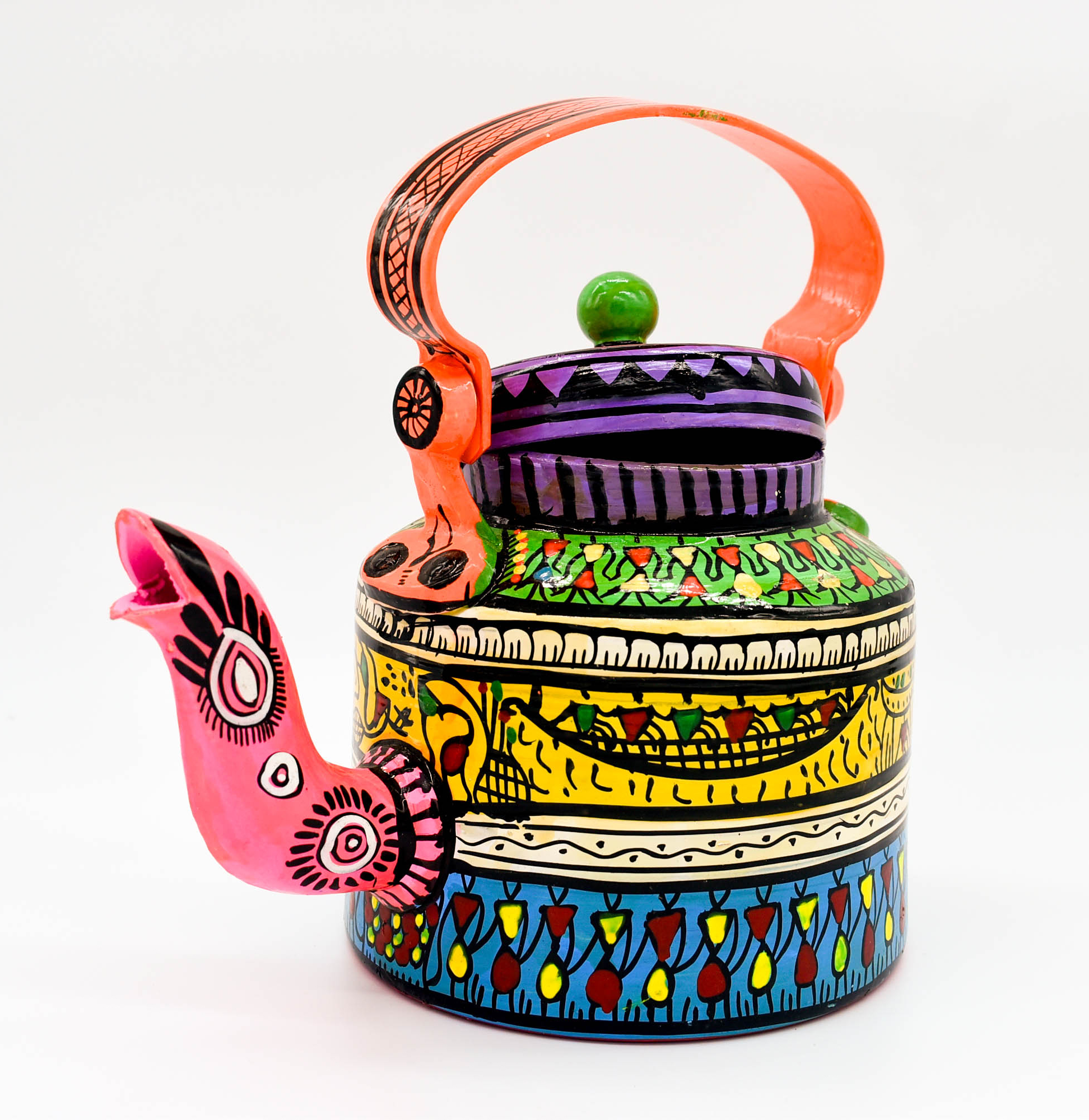 attachitra Hand-Painted Tea Kettle, Traditional Indian Folk Art Design, Multicoloured Aluminium attachitra Hand-Painted Tea Kettle, Traditional Indian Folk Art Design, Multicoloured Aluminium