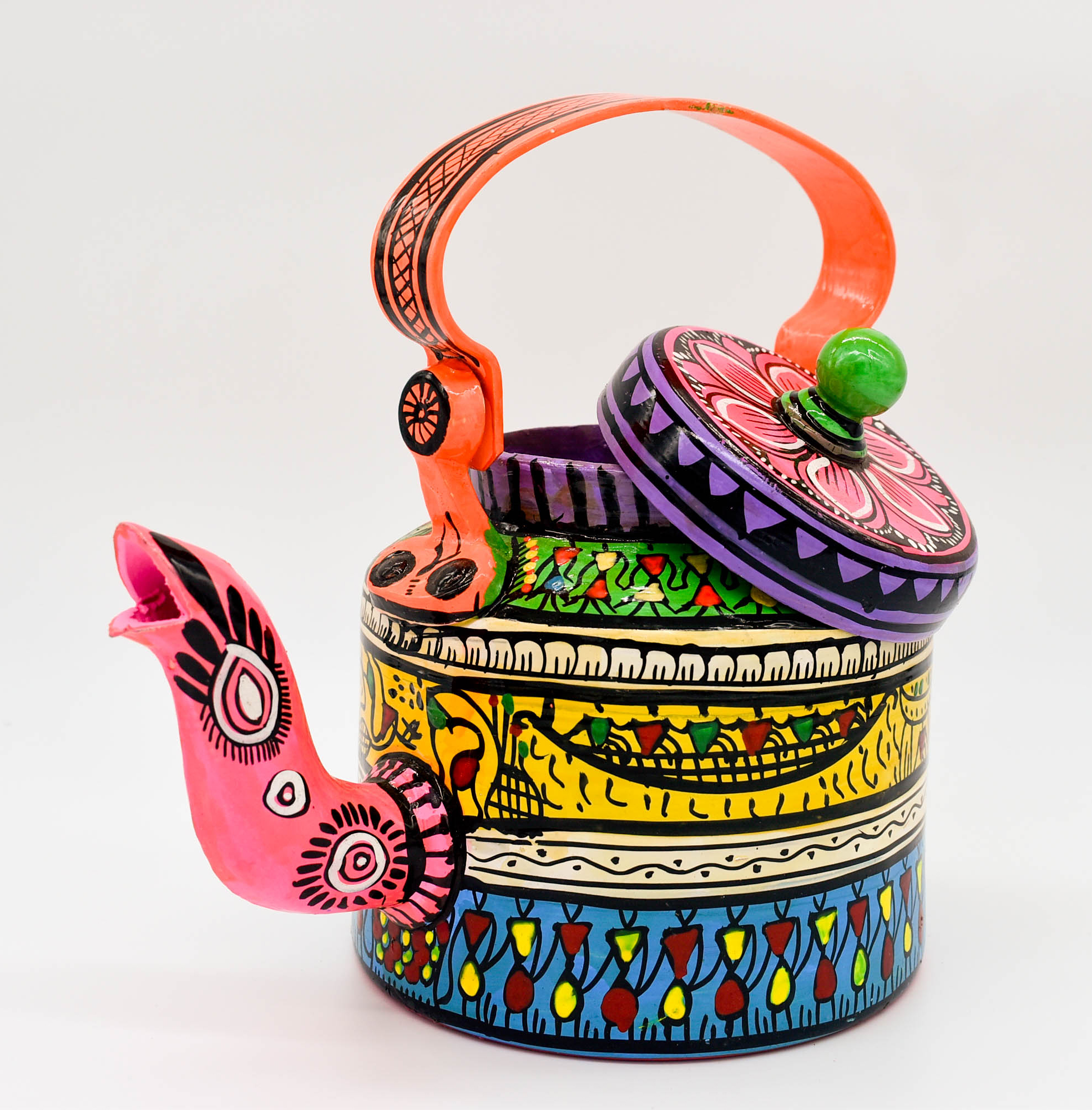 attachitra Hand-Painted Tea Kettle, Traditional Indian Folk Art Design, Multicoloured Aluminium attachitra Hand-Painted Tea Kettle, Traditional Indian Folk Art Design, Multicoloured Aluminium