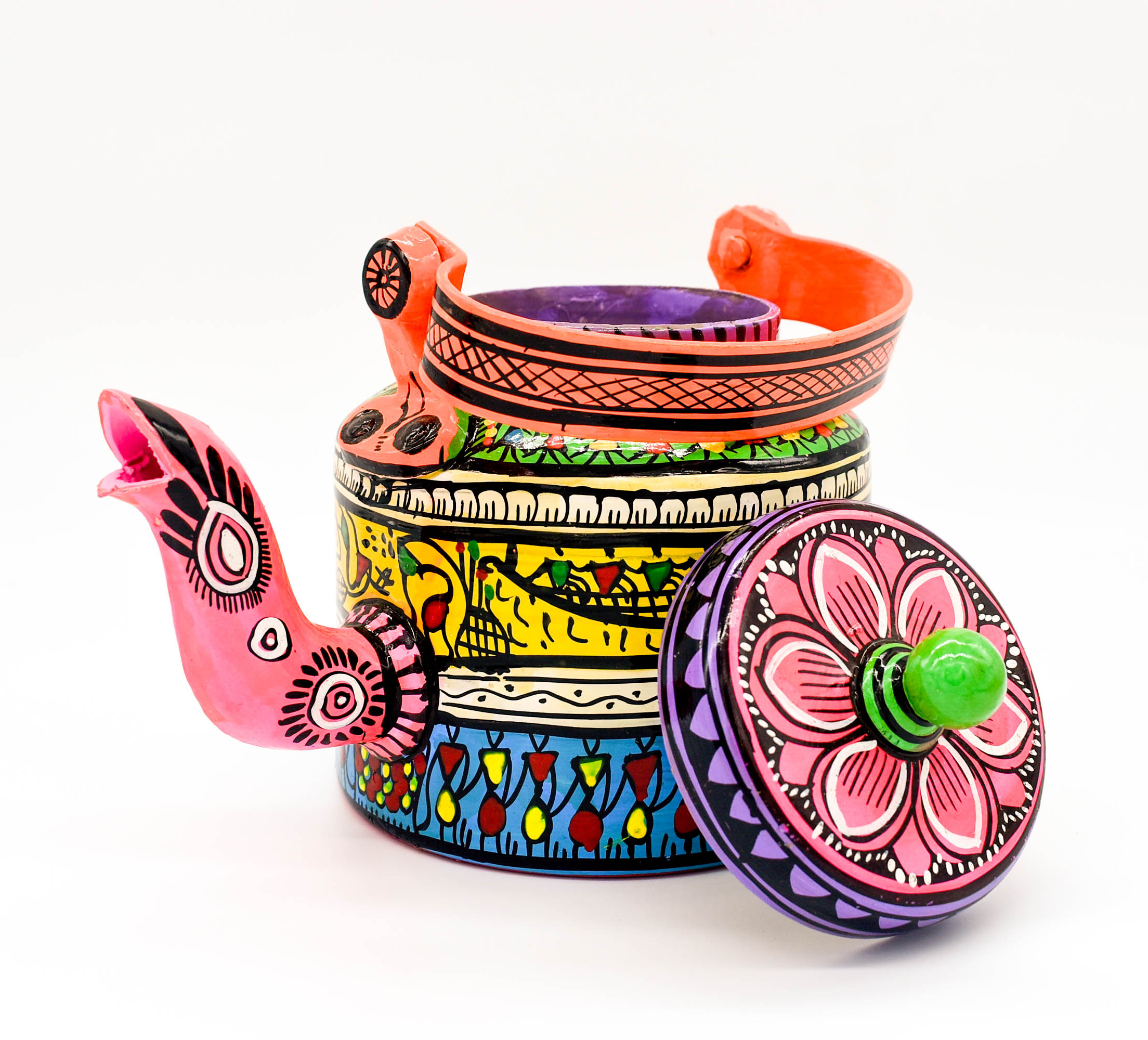 attachitra Hand-Painted Tea Kettle, Traditional Indian Folk Art Design, Multicoloured Aluminium attachitra Hand-Painted Tea Kettle, Traditional Indian Folk Art Design, Multicoloured Aluminium