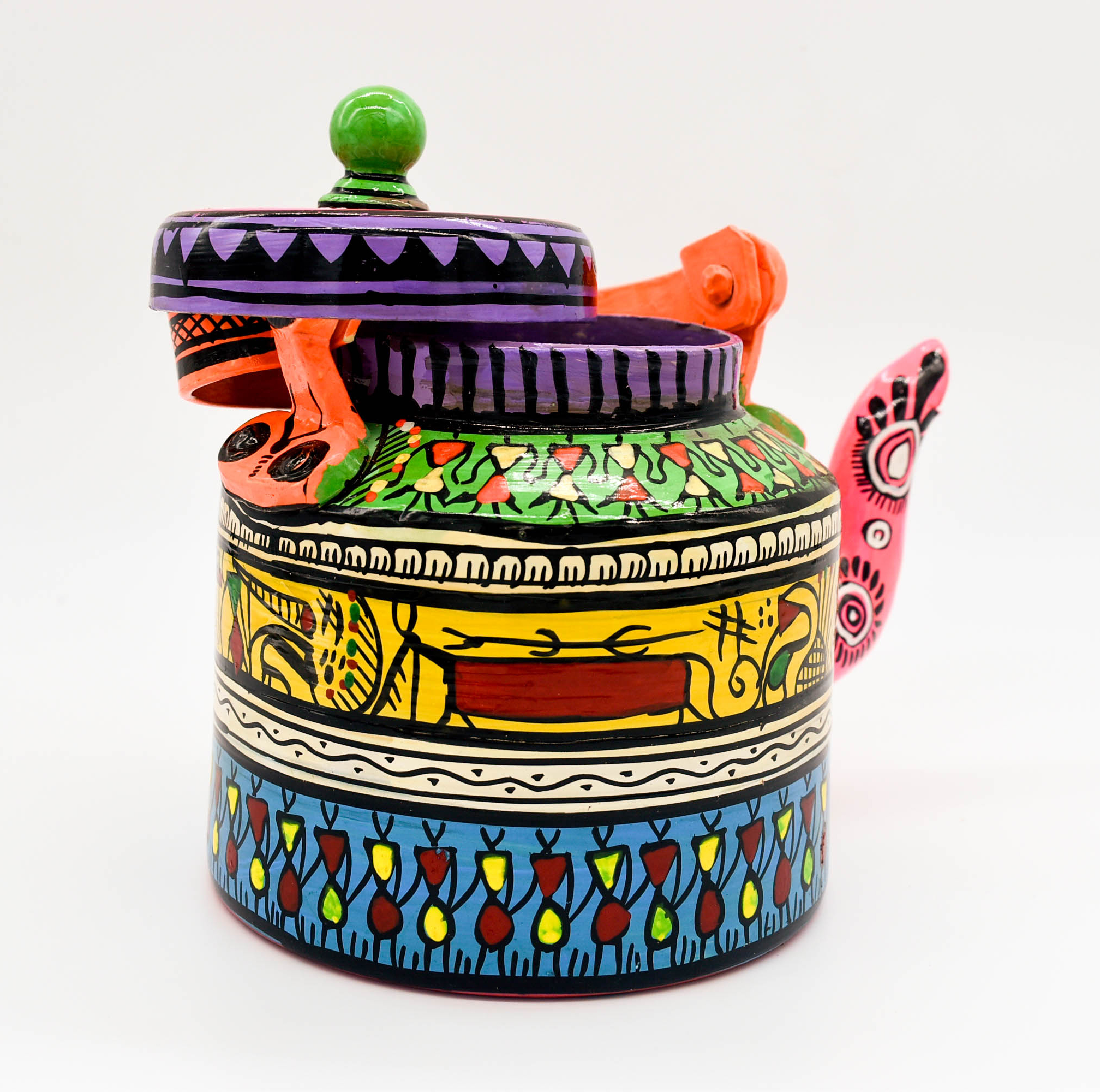 attachitra Hand-Painted Tea Kettle, Traditional Indian Folk Art Design, Multicoloured Aluminium attachitra Hand-Painted Tea Kettle, Traditional Indian Folk Art Design, Multicoloured Aluminium
