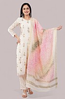 WHITE COTTON SALWAR SUIT SET WITH FLORAL PRINT